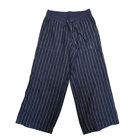 Athleta Stripe Bali Linen Crop Blue Linen Blend Pants Drawstring Size 2 - Picture 1 of 9